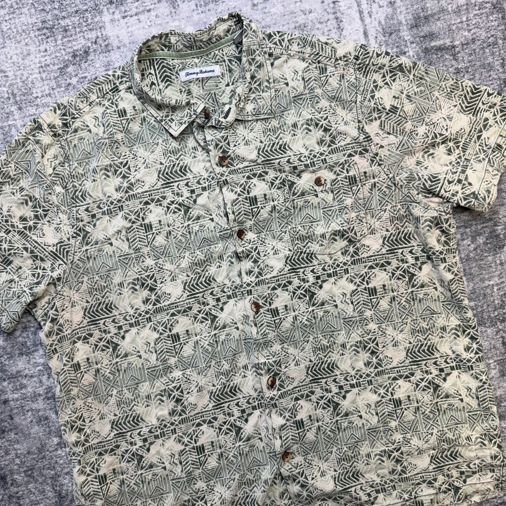Tommy Bahama Shirt Mens 2XL Green Geometric Silk Tropical Beach Resort Vacation